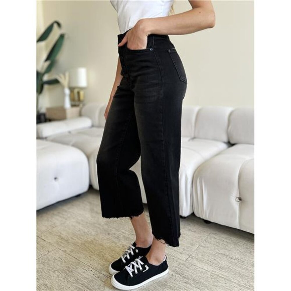 NWT 💙 Judy Blue High Waist Button Fly Jeans, Black, Raw Hem, Slightly Stretchy - Picture 3 of 7